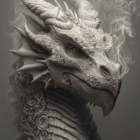 dragon head with smoke on a gray background, closeup of photoの素材