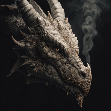 Dragon head with fire and smoke on black background. 3d illustrationの素材