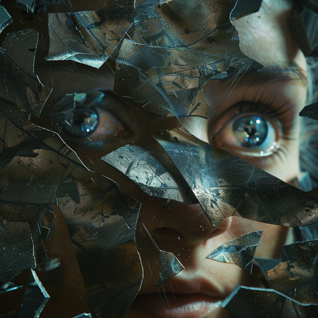 Close-up portrait of a beautiful girl through broken glass. Collage.の素材