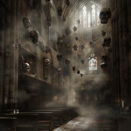 Mysterious gothic church interior with human skulls and candlesの素材