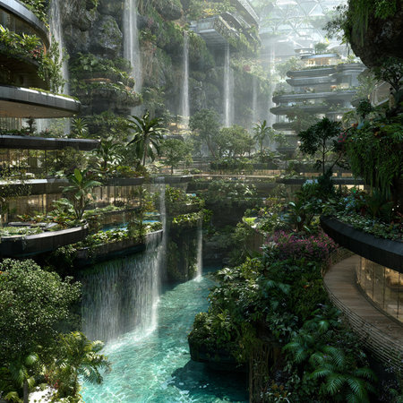 Tropical garden with waterfall and plants in Bali, Indonesiaの素材