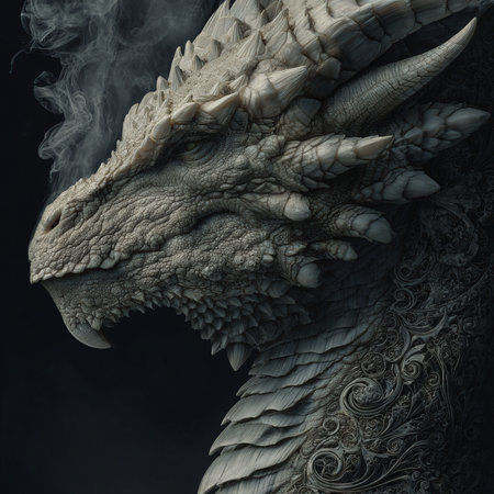 Dragon head with smoke on a black background. 3d illustration.の素材