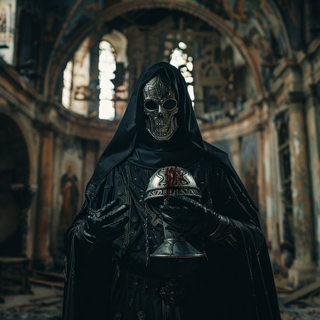 Medieval knight with helmet and armor in the old church. Halloween concept.の素材