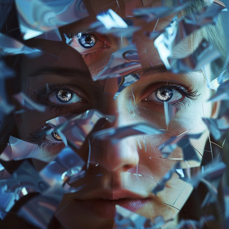 Close-up portrait of a beautiful woman through broken glass. 3D rendering.の素材
