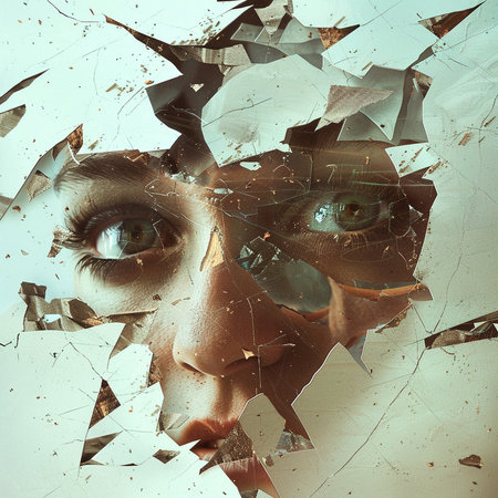 Close-up portrait of beautiful young woman with cracked face. Collage.の素材