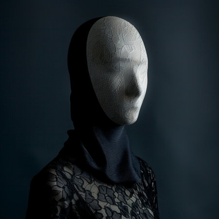 Mysterious woman in black dress with white skull mask on dark backgroundの素材