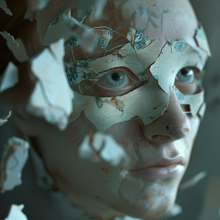 3d rendering of a female alien face with crumpled paperの素材