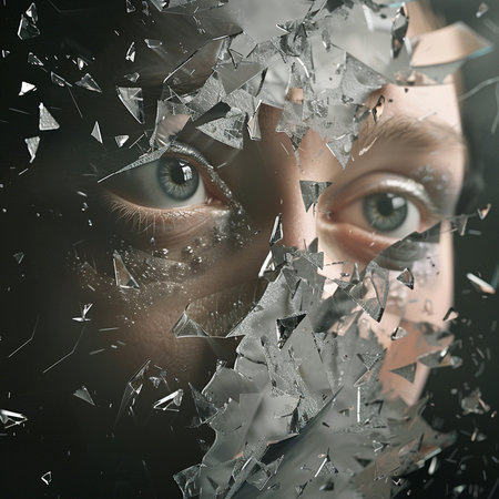 Close-up portrait of a beautiful young woman with broken glass.の素材