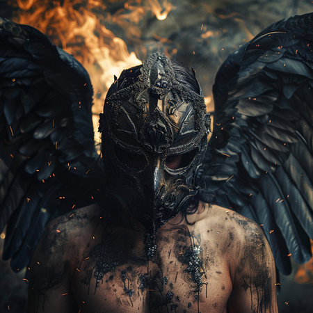 Man in the image of an angel with a black mask on his face.の素材