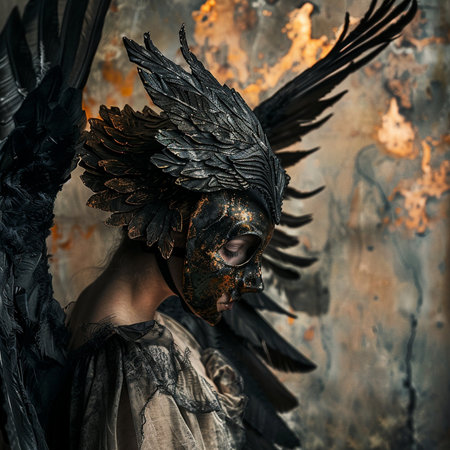 Fantasy portrait of a girl in a mask with black feathers.の素材