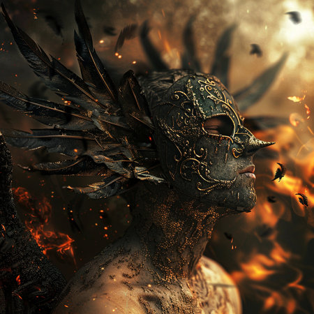 3d illustration of a fantasy warrior with a mask in the fireの素材