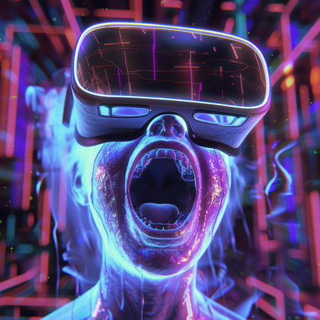 3d illustration of a man wearing virtual reality goggles with glowing backgroundの素材