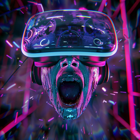 3D rendering of a monster in a virtual reality helmet. Digital illustration.の素材