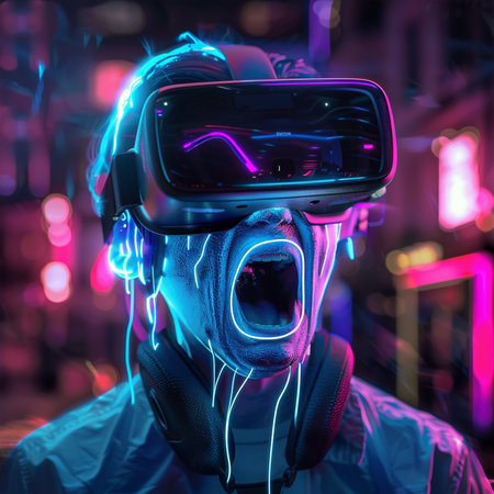 Portrait of a man in virtual reality glasses. 3d renderingの素材