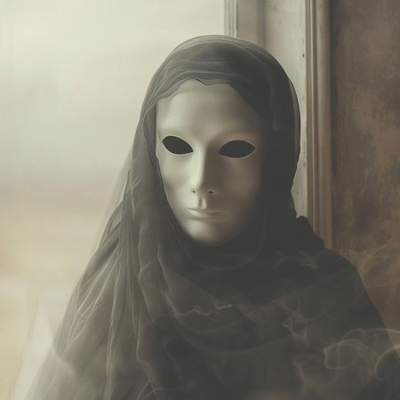 Mysterious woman in black mask and veil at the window.の素材