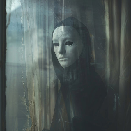 Mysterious woman in a black mask standing near the window.の素材