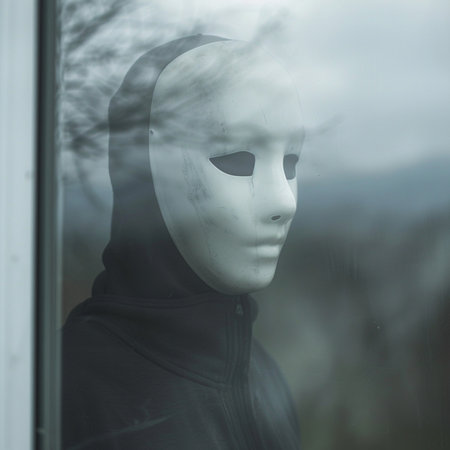 Anonymous man in a black hoodie and mask looking out of the windowの素材