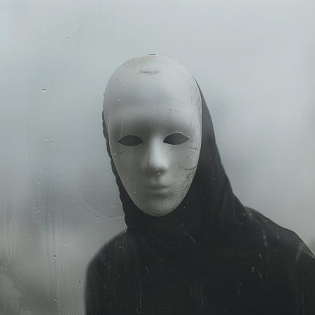 A man in a black mask looks out of the window in the rain.の素材