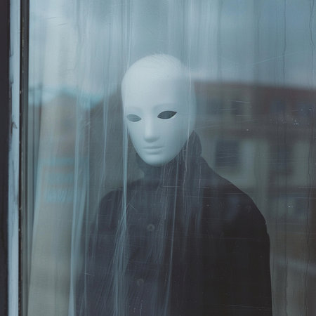 Mannequin wearing a mask in front of a shop window.の素材