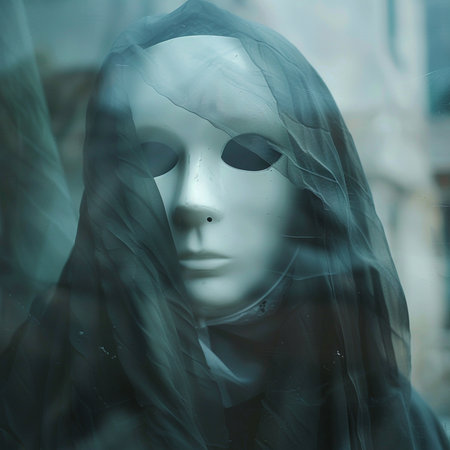 Mannequin in a white mask with a veil on his headの素材