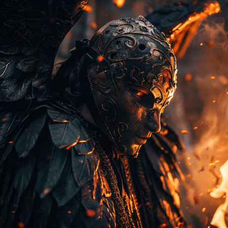 Warrior in the form of a medieval knight on fire background.の素材