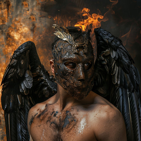 Fantasy portrait of a man in a mask of the demon with wings.の素材