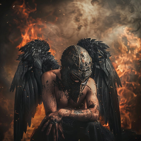 Warrior with wings and blood on his body sitting on fire backgroundの素材