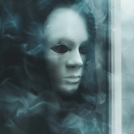 Portrait of a woman in a mask with smoke coming out of the windowの素材