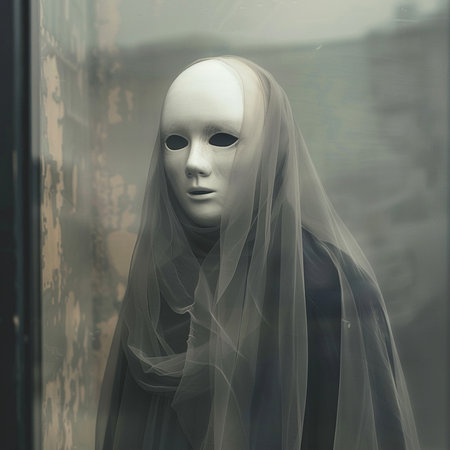 Mannequin with white mask and veil in front of a windowの素材