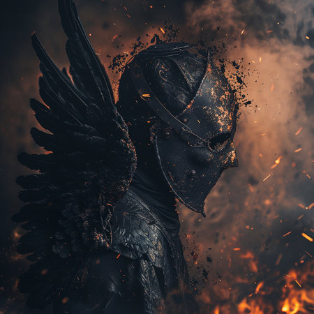 Fantasy medieval warrior with iron helmet and wings on fire background.の素材
