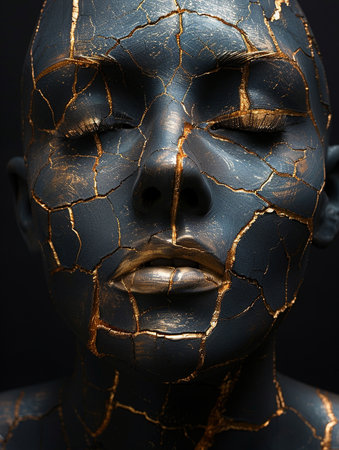 Creative portrait of a beautiful woman with gold paint on her faceの素材