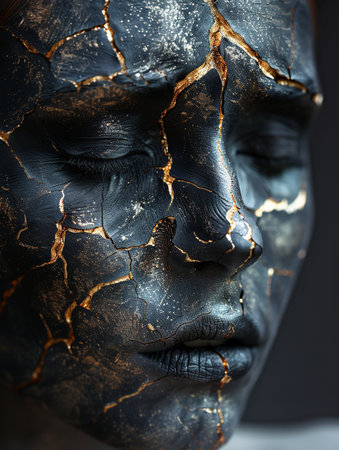 Close-up portrait of a woman's face with golden paint.の素材