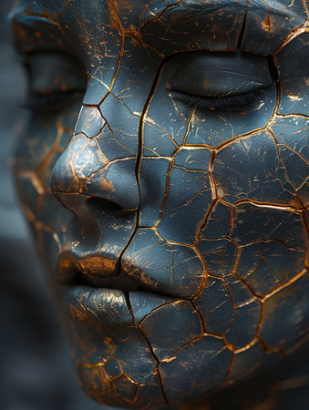 3d rendering of a female face made of golden metal with cracksの素材