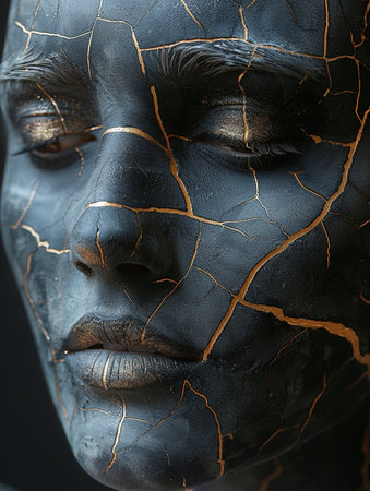 Close-up portrait of a woman's face painted in black paint.の素材