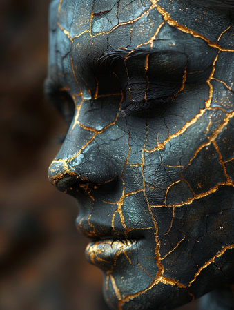 Close-up portrait of a woman's face painted with gold paint.の素材