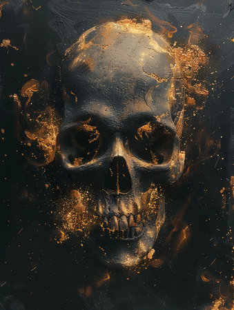 Skull with golden paint on black background. Halloween concept. 3D Renderingの素材