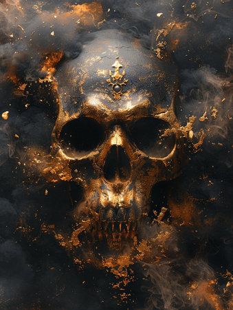 Gothic skull with fire and smoke background. 3d renderingの素材