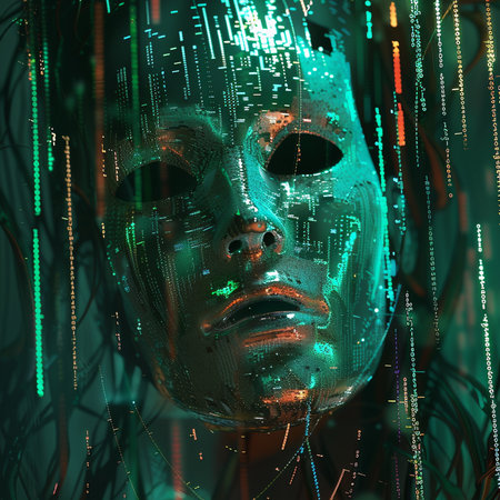 Cyber woman face with matrix binary code. 3d illustration.の素材