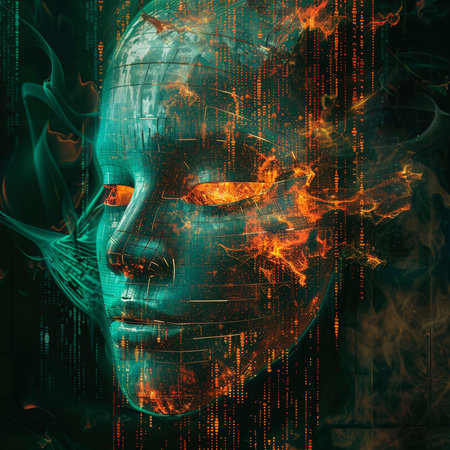 Cyborg face with fire and digital code. 3D illustrations.の素材