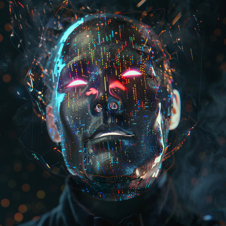 Futuristic portrait of a man with artificial intelligence. 3d renderingの素材