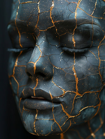 Close up of the face of a bronze Buddha statue with cracked skin.の素材