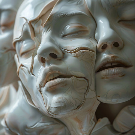 Close up of the face of a woman in a white mask.の素材