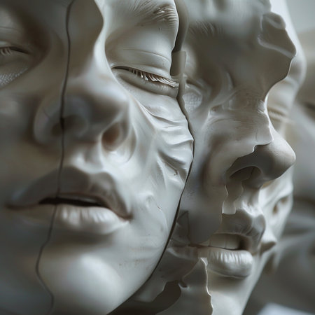 Close-up of a face sculpture made by the artist in a museumの素材