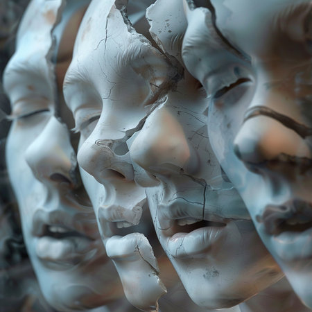 3D rendering of a human face in a studio environment. Sculpture made of metal.の素材