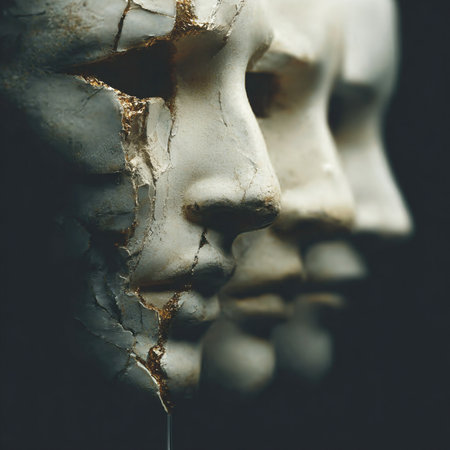 Close up image of the face of a man made of white marbleの素材