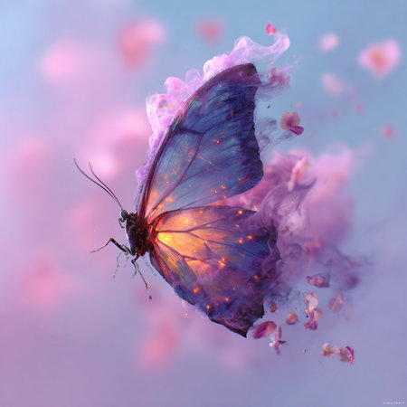 beautiful butterfly on the background of pink petals of a flowerの素材