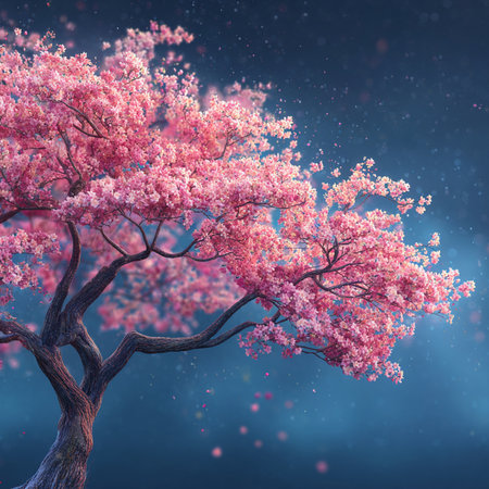 Cherry blossom tree in the night sky. 3D renderingの素材