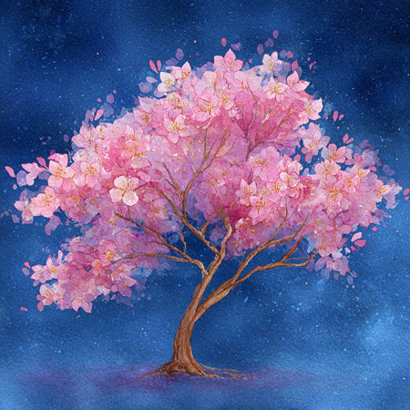 Watercolor sakura tree with pink flowers on a blue background.の素材