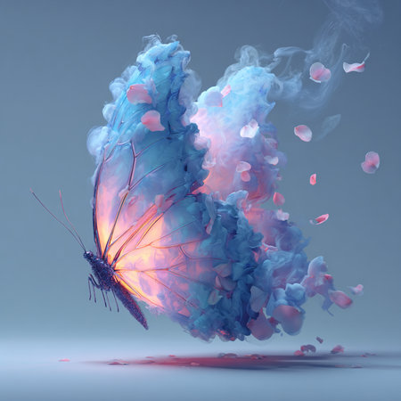 3d rendering of a butterfly in the air with smoke and petalsの素材