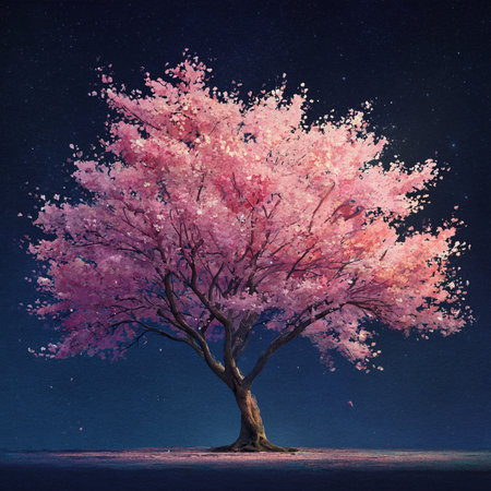Pink cherry tree on a background of the night starry sky.の素材